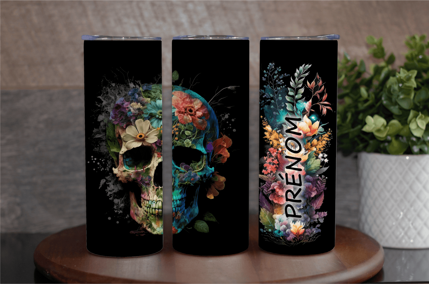 Thermos et tasse - Crâne fleuri noir - K Sublimation